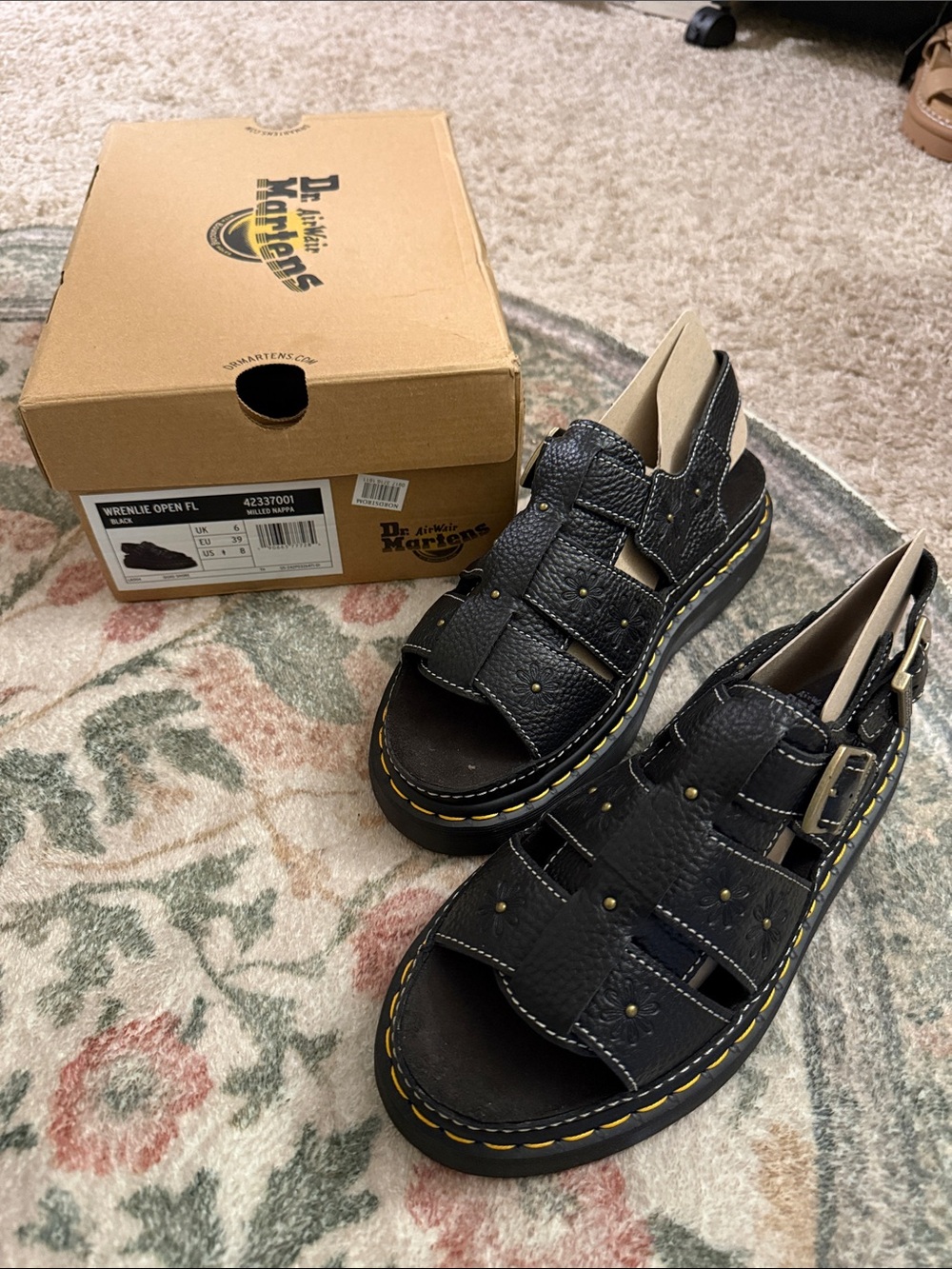 Dr. Martens Black Wrenlie Sandals with Yellow Stitching